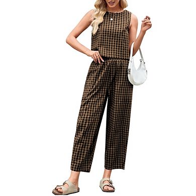 Gingham Sleeveless Top & Wide Leg Pants 2 Piece Casual Outfit Set