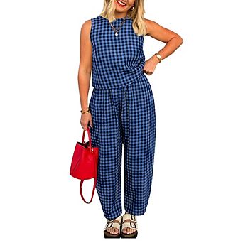 Gingham Sleeveless Top & Wide Leg Pants 2 pc Casual Outfit Set