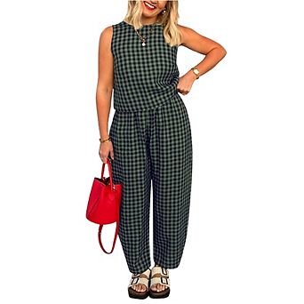 Gingham Sleeveless Top & Wide Leg Pants 2 pc Casual Outfit Set