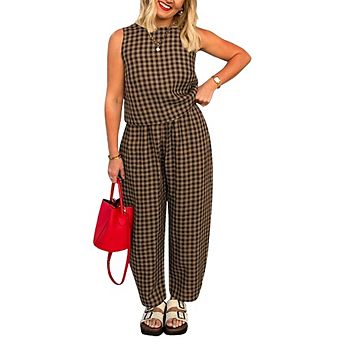 Gingham Sleeveless Top & Wide Leg Pants 2 pc Casual Outfit Set
