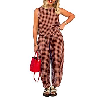 Gingham Sleeveless Top & Wide Leg Pants 2 pc Casual Outfit Set