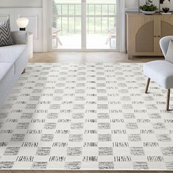 Abani Oliver OLV140A Modern Cream Black Textured Checkered Minimalist Area Rug