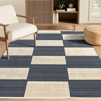 Abani Rugs Austin AUS110A Modern Black Ivory Navy Block Checkered Contemporary Area Rug