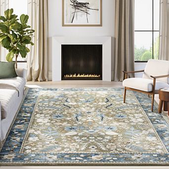 Abani Savoy SAV180A Traditional Blue Beige Botanical Floral Vintage Area Rug