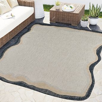 Abani Rugs MAR100A Marlene Shaped Wavy Border Blue Beige Indoor/Outdoor Area Rug