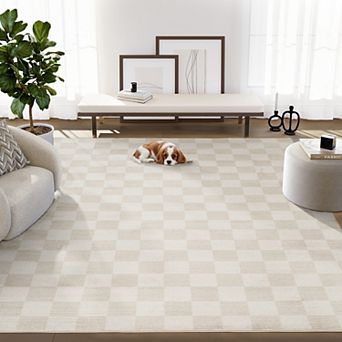 Abani Rugs Plush Deco PDE160A Machine Washable Checkered Cream Area Rug