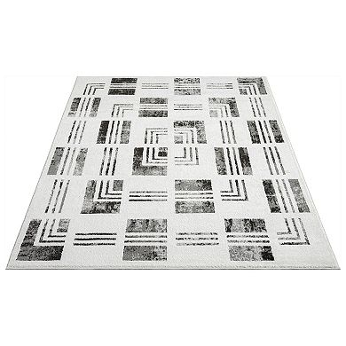 Abani Rugs Nomad Collection NOM140A Cream Grey Checkered Bordered Pattern Geometric Area Rug