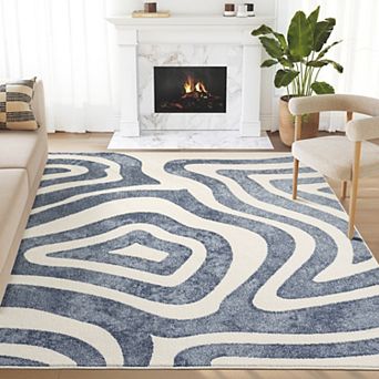 Abani Wave WAV100A Blue Cream Geometric Wavy Area Rug