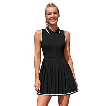 ATTRACO Women Sleeveless Collar Pleated Tennis Dress Zipper Front Built In Shorts Side Pockets