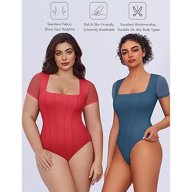 Avidlove Womens Short Sleeve Bodysuits Square Neck Body Suit Mesh Double Lined Tshirt Leotard Tops