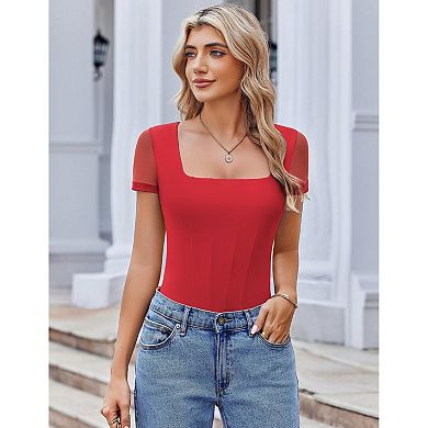 Avidlove Womens Short Sleeve Bodysuits Square Neck Body Suit Mesh Double Lined Tshirt Leotard Tops