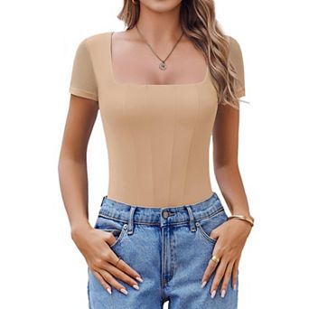 Avidlove Womens Short Sleeve Bodysuits Square Neck Body Suit Mesh Double Lined Tshirt Leotard Tops