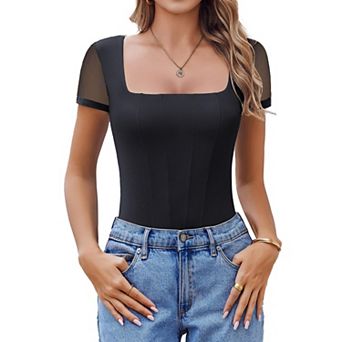 Avidlove Womens Short Sleeve Bodysuits Square Neck Body Suit Mesh Double Lined Tshirt Leotard Tops