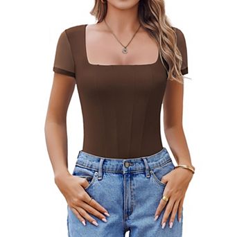 Avidlove Womens Short Sleeve Bodysuits Square Neck Body Suit Mesh Double Lined Tshirt Leotard Tops