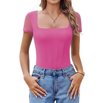 Avidlove Womens Short Sleeve Bodysuits Square Neck Body Suit Mesh Double Lined Tshirt Leotard Tops