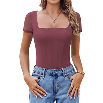 Avidlove Womens Short Sleeve Bodysuits Square Neck Body Suit Mesh Double Lined Tshirt Leotard Tops