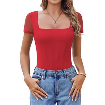 Avidlove Womens Short Sleeve Bodysuits Square Neck Body Suit Mesh Double Lined Tshirt Leotard Tops