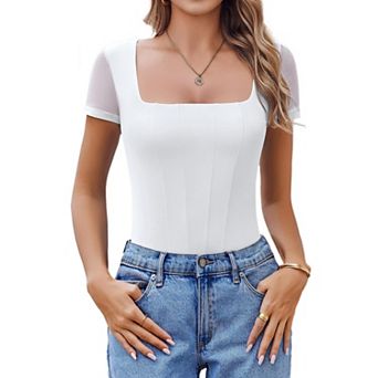Avidlove Womens Short Sleeve Bodysuits Square Neck Body Suit Mesh Double Lined Tshirt Leotard Tops