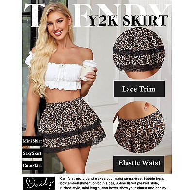 Avidlove Women Mini Skirt Y2K Lace Skirts Tiered Ruffle Flowy Cute