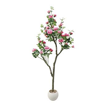 6FT Artificial Bushes with Rose Flowers, Faux Fall Trees in Pots for Autumn Porch, Front Door