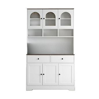 Freestanding Kitchen Pantry Cabinet with Glass Display, Farmhouse Hutch with Open Storage Shelves