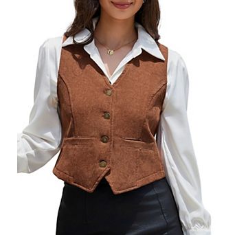 Women's Vintage Corduroy V Neck Sleeveless Vest Jacket Top