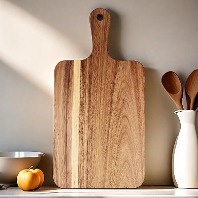 MOEPLSY 13.7" x 7" Premium Acacia Wood Cutting Board with Handle, Multipurpose Serving Board
