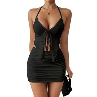 Avidlove Women Pieces Outfits Mesh Sheer Suit Sleeveless Crop Top and Mini Skirt Set