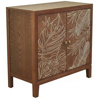 eHemco Tropical Monstera 2-Door Storage Cabinet, Modern Retro Style, Antique Walnut