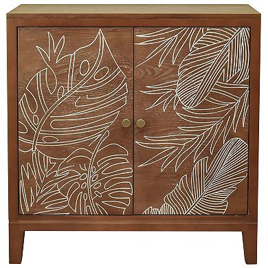 eHemco Tropical Monstera 2-Door Storage Cabinet, Modern Retro Style, Antique Walnut