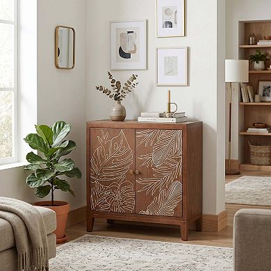 eHemco Tropical Monstera 2-Door Storage Cabinet, Modern Retro Style, Antique Walnut