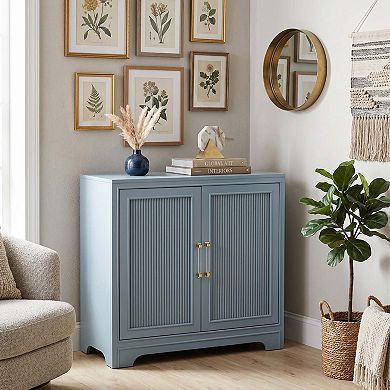 eHemco 2-Door Storage Cabinet, Azure Grey, Ribbed Style, Modern Retro Desig