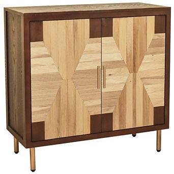 eHemco Modern 2-Door Storage Cabinet, Two-Toned Ribbed Parquet Design, Antique Walnut and Natural
