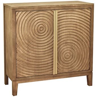 eHemco 2-Door Storage Cabinet with Geometric Ripple Carved Doors, Modern Retro Style, Natural Finish