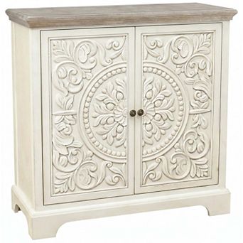 eHemco Ornate Floral Carved 2-Door Storage Cabinet, Retro Style, Natural and White