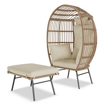 Wicker Lounge Egg Chair with Convertible Ottoman Table & Thick Cushions for Patio Indoor Outdoor