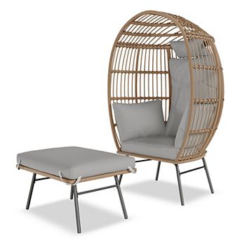 Wicker Lounge Egg Chair with Convertible Ottoman Table & Thick Cushions for Patio Indoor Outdoor