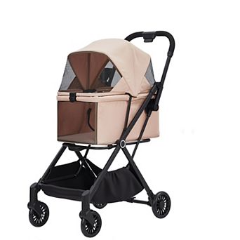 1-Hand Fold Pet Travel Stroller,4-Wheel All-Terrain Cart with Mesh Canopy,Foot Brake and Cup Holder