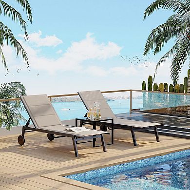 3-Piece Patio Chaise Lounge Set with Side Table, Adjustable Backrest & 2 Wheels for Poolside