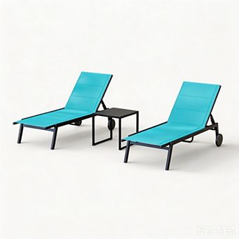3 pc Patio Chaise Lounge Set with Side Table, Adjustable Backrest & 2 Wheels for Poolside