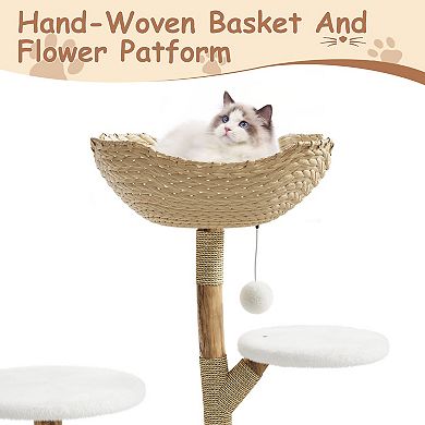 Wooden Cat Tree for Indoor Cats Solid Wood Climbing Tower with Large Rattan Basket with Branch