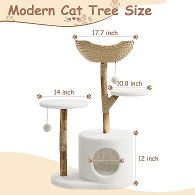 Wooden Cat Tree for Indoor Cats Solid Wood Climbing Tower with Large Rattan Basket with Branch