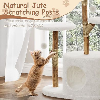 Wooden Cat Tree for Indoor Cats Solid Wood Climbing Tower with Large Rattan Basket with Branch