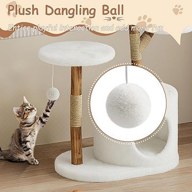 Wooden Cat Tree for Indoor Cats Solid Wood Climbing Tower with Large Rattan Basket with Branch