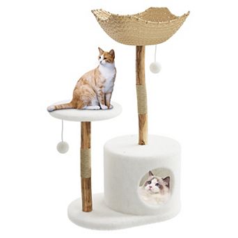 Wooden Cat Tree for Indoor Cats Solid Wood Climbing Tower with Large Rattan Basket with Branch