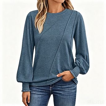 Women's Long Sleeve Top Round Neck Lantern Sleeve Smocked Cuffs Diagonal Seam Casual Top