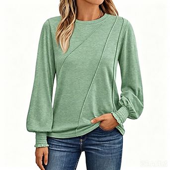 Women's Long Sleeve Top Round Neck Lantern Sleeve Smocked Cuffs Diagonal Seam Casual Top