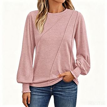 Women's Long Sleeve Top Round Neck Lantern Sleeve Smocked Cuffs Diagonal Seam Casual Top