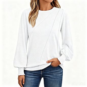 Women's Long Sleeve Top Round Neck Lantern Sleeve Smocked Cuffs Diagonal Seam Casual Top