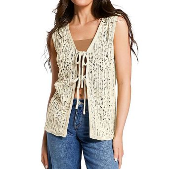 KOJOOIN V Neck Tie Front Crocheted Knit Vest Casual Sleeveless Top